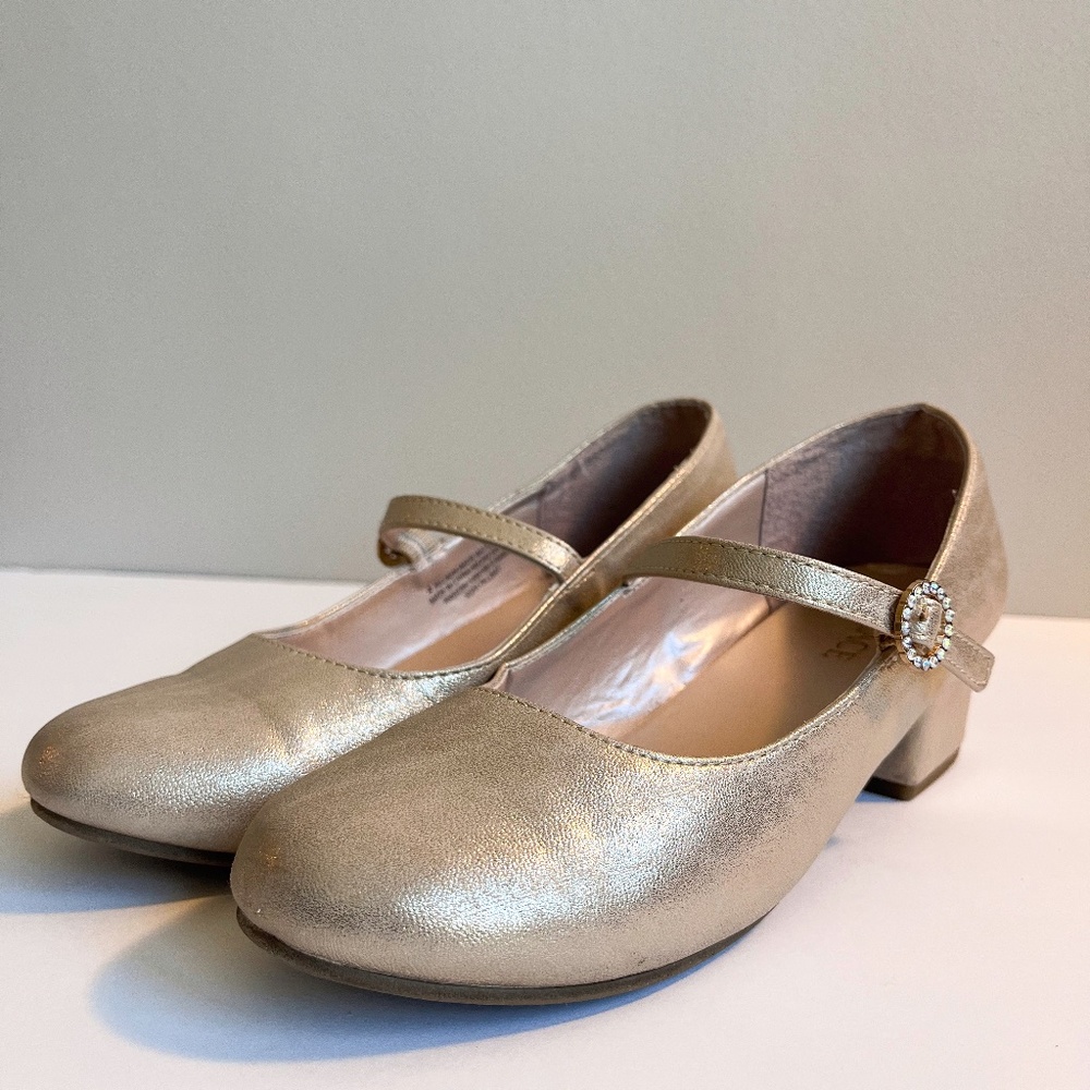 Girls Shimmer Low Heel Shoes - Gold